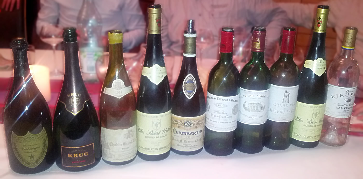 Des amis de 30 ans : Dom Pérignon 1996, Krug 1996, Chablis Grand Cru Valmur 1991 Raveneau, Riesling Grand Cru Rangen de Thann Clos Saint-Urbain 2001 Zind-Humbrecht, Château Cheval Blanc 1983, Chambertin Grand Cru 1983 Armand Rousseau, Château Margaux 1983, Château Latour 1983, Gewurztraminer Grand Cru Rangen de Thann Clos Saint-Urbain 2008 Zind-Humbrecht, Château Rieussec 2001.